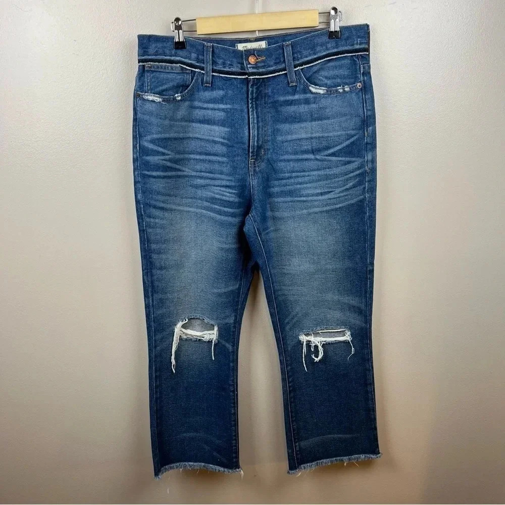Madewell Retro Crop Bootcut Jeans 30 Distressed Fray Trim High Rise Boyfriend
